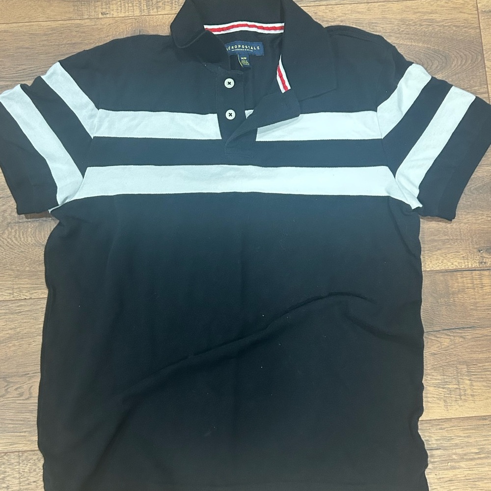 Aeropostale Black Polo with White Horizontal Stripes